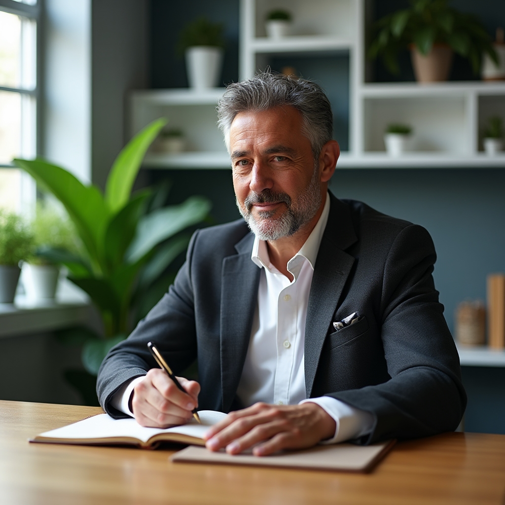 Directivo escribiendo en su diario profesional en un espacio de trabajo moderno