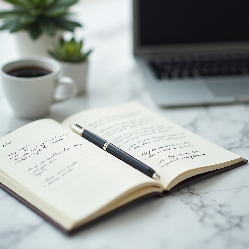 Cuaderno abierto con notas reflexivas sobre decisiones profesionales