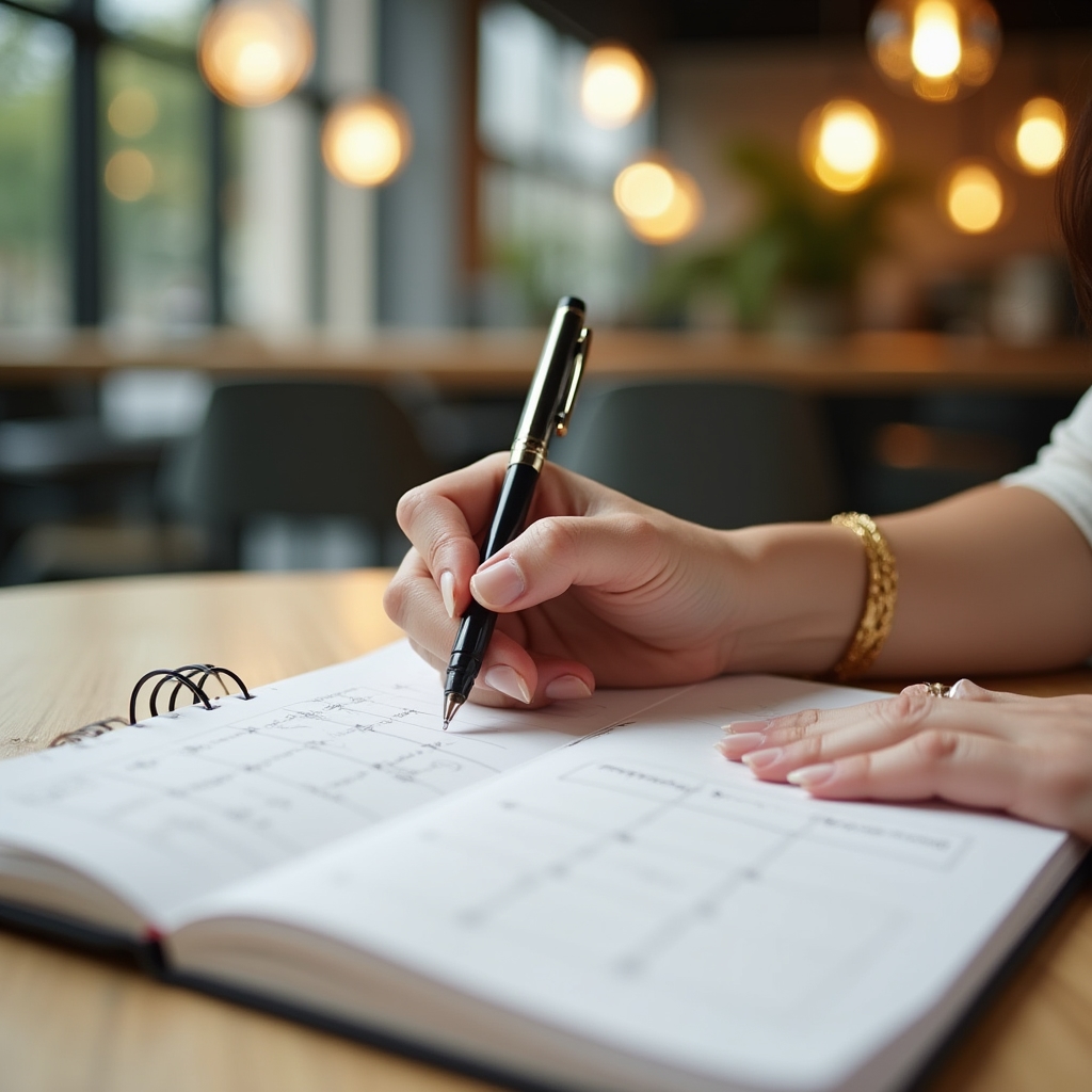Mano escribiendo técnicas de vaciado mental en cuaderno profesional